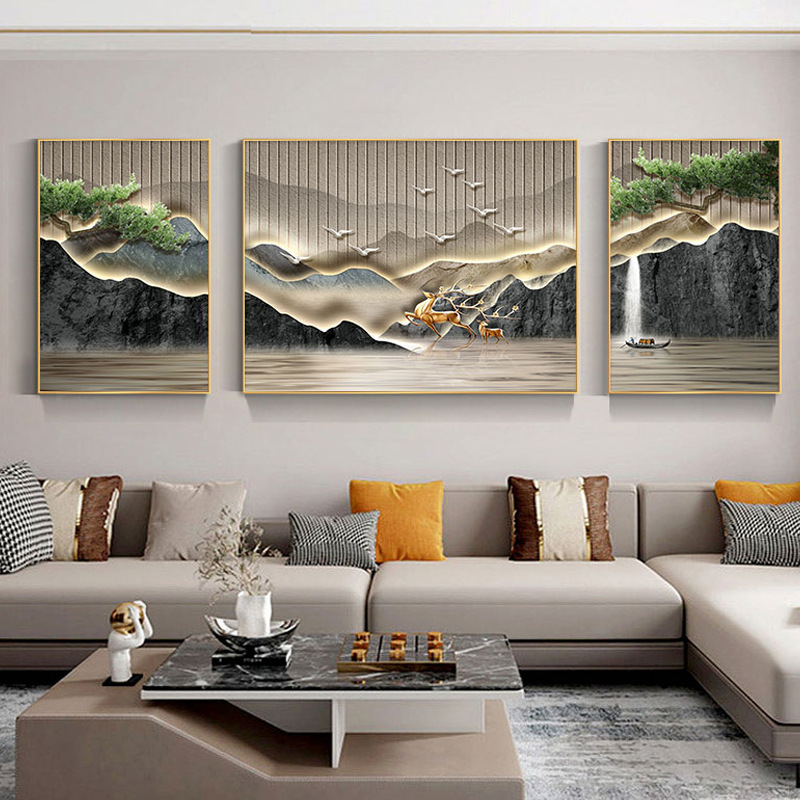 迎客松沙发背景画新中式客厅装饰画办公室组合三联画书房壁画批发