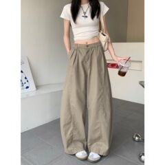 アメリカンレトロカーキシミアパンツダメージジーンズレディース夏スリム万能ゆったりワイドパンツロングパンツ