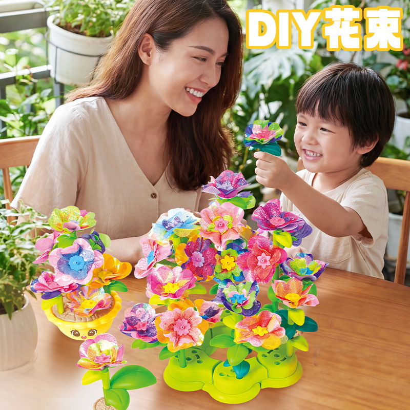 跨境热销款儿童仿真花朵玩具手工织物花束礼物套装DIY布艺压花机