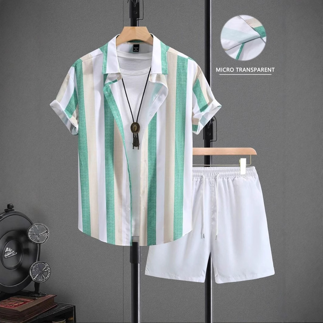 Sencillo contraste color rayas impresión 3D transfronterizo Xiyin venta caliente verano hawaiano vacaciones camisa pantalones cortos traje