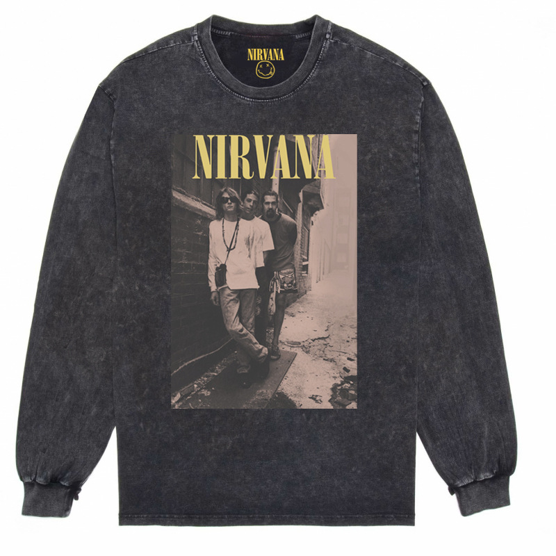 Nirvana Vintage American retro apenado rock punk angustiado lavado batik Camiseta de manga larga