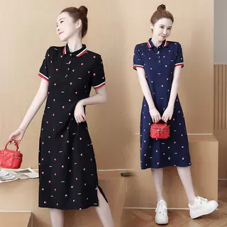 洋气韩版polo翻领显瘦短袖t恤连衣裙2025夏纯棉口袋碎花过膝长裙
