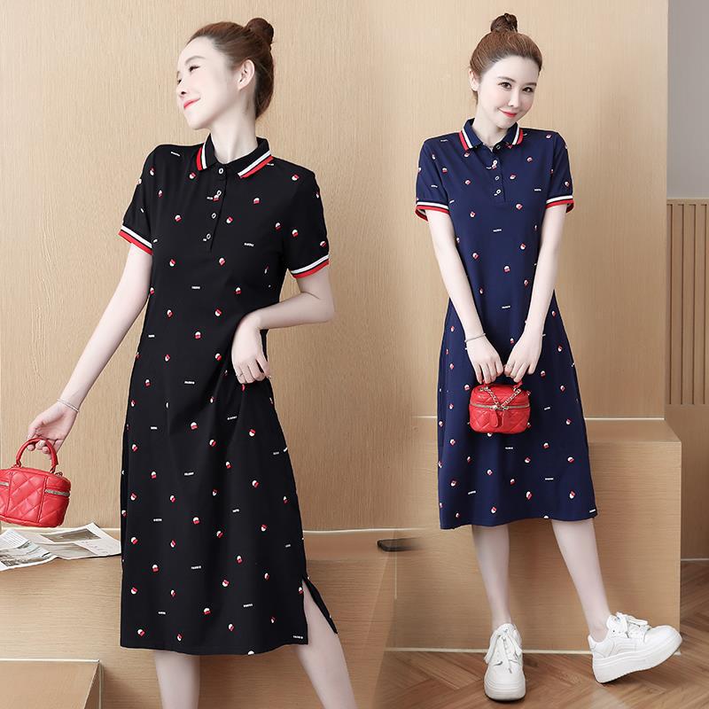 Western-style Korean-style Polo Lapel Slimming Short-sleeved T-shirt dress 2025 Summer Cotton Pocket Floral Over-the-knee Long Dress