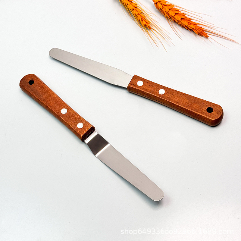 4inch Cream Spatula Ready Stock Wooden Handle Cake DIY Baking Cream Spatula Butter Knife Curved Straight Kiss Knife Paint Mixing Knife