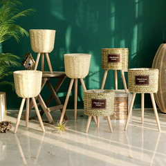 北歐風格創意藤編草編花籃木質高花架落地式室內客廳裝飾綠蘿花盆