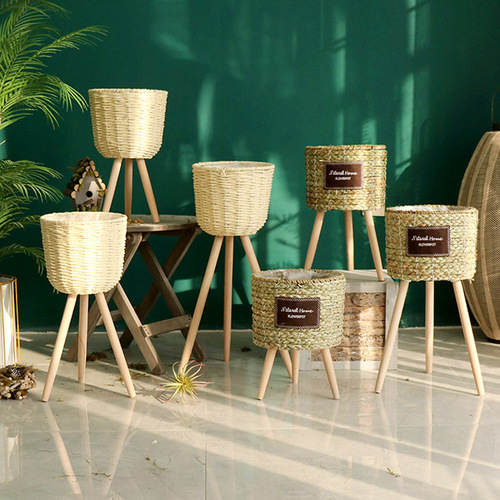 Nordic style creative wicker and grass basket wooden tall flower stand floor-standing indoor living room decoration pothos plant pot