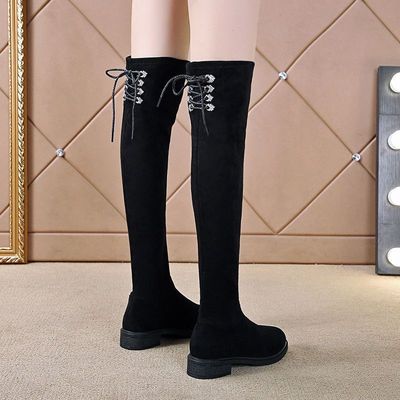 girl Boots Big boy Boots 2019 Autumn and winter Big boy Flat bottom After lacing Elastic force Plush High cylinder Boots
