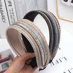 韓新款多色彩線鏈條編織寬邊發箍女 拼接民族風壓發加長洗臉發卡