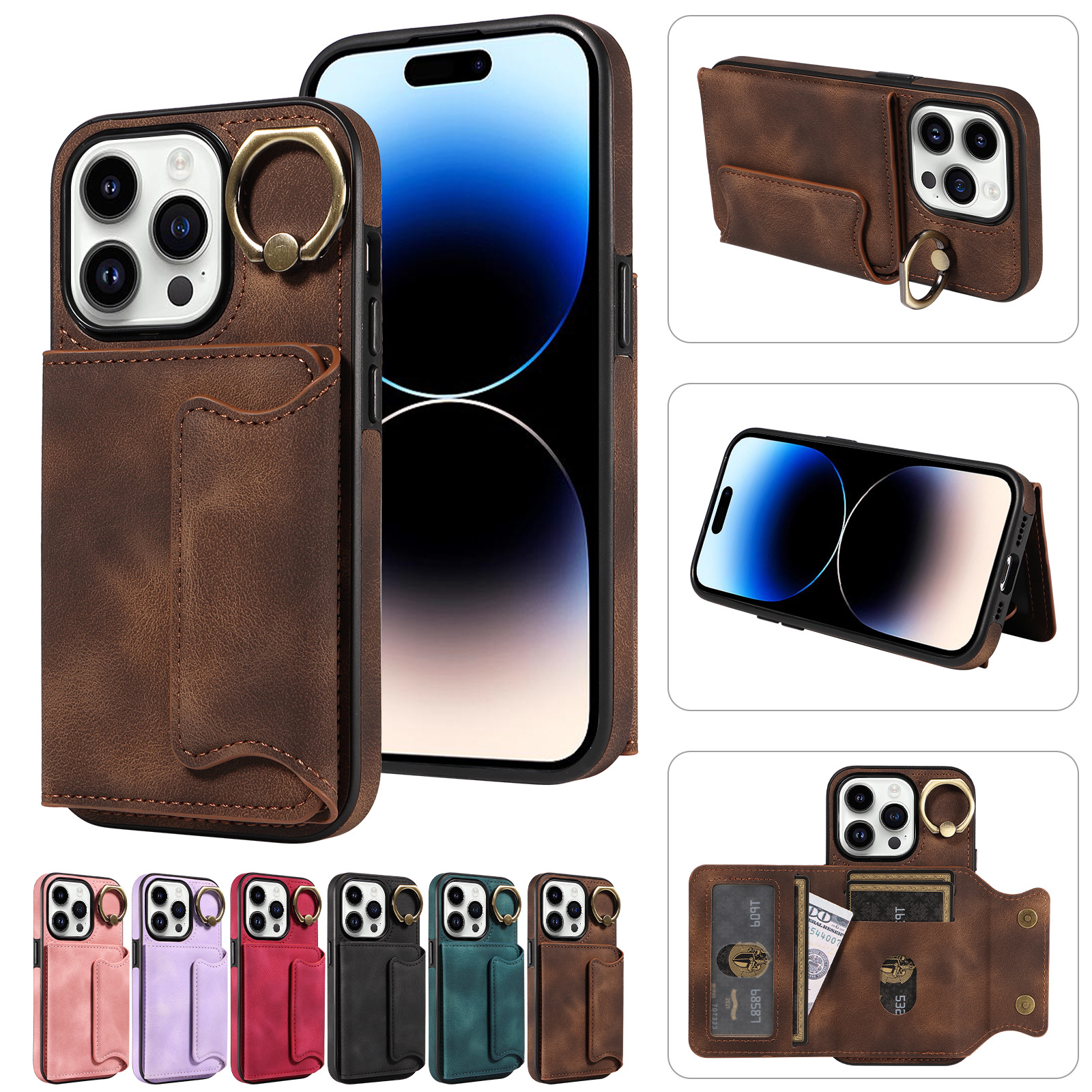Geeignet für Apple iPhone 14 Hülle, 13 Promax Ring, Lederclip, Anti-Drop 15 Skin Feel Karteneinsteckhülle_voghion.com