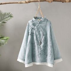 唐スーツトップ女性の長袖刺繍綿とリネンシャツ春と秋の薄いレトロなボタンダウンシャツ新しい中国禅茶服