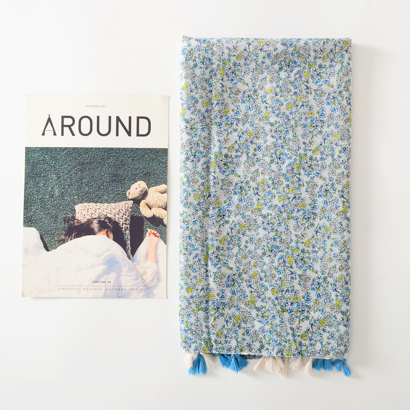 Estilo coreano fresco azul floral viaje Toalla de Playa Larga borla bufanda grande algodón y lino sensación protector solar chal para las mujeres