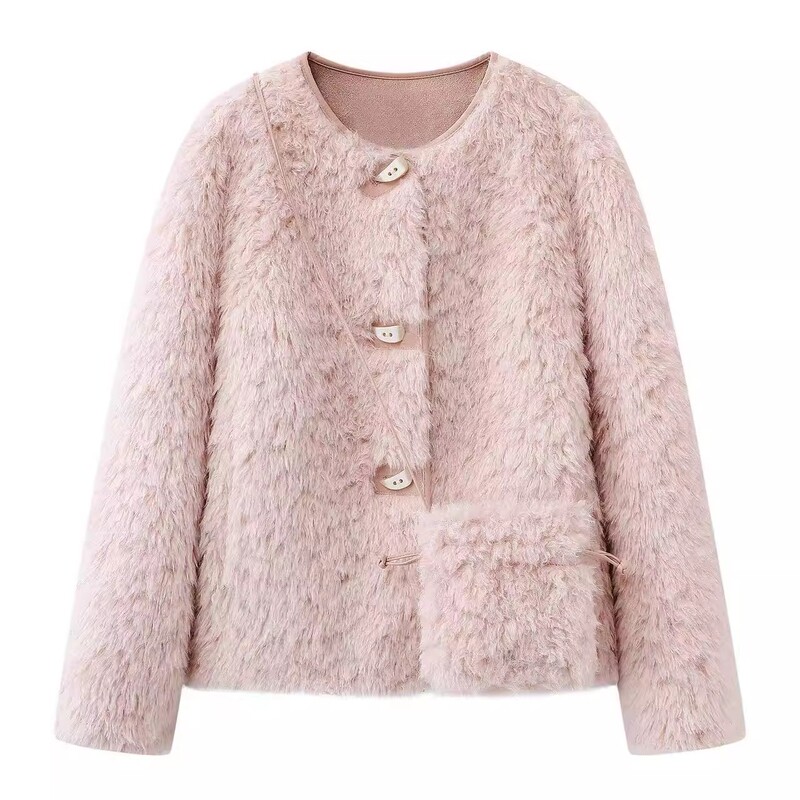 2025 New Winter Style Sweet Pink Gentle Lamb Hair Elegant Fur with Small Bag Short Outwear for Women
