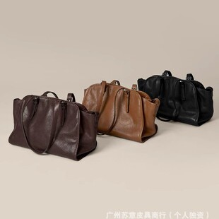 Leather bar, handheld purse, capacious shoulder bag, cowhide, genuine leather