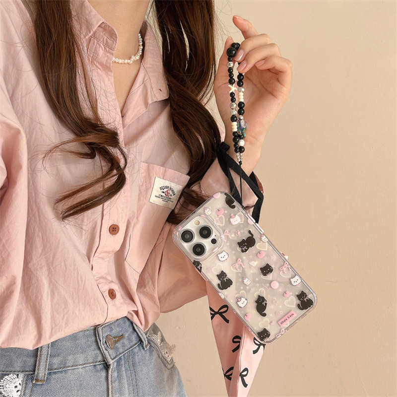 Ins viento láser amor lindo pequeño gato negro adecuado 16ProMax pulsera iphone15 funda para teléfono móvil Apple 14P