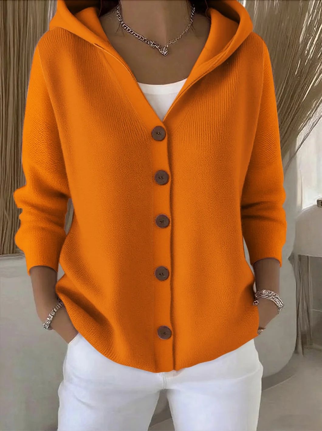 2025 Europa y los Estados Unidos botones de punto con capuchón suéter cardigan nuevo otoño y invierno transfronterizo de color sólido casual moda de mujer