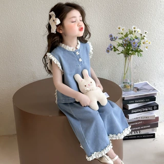 韩国女童花边无袖牛仔套装2026夏季新款阔腿裤两件套洋气网红童装