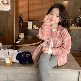 儿童洋气粉色格子衬衫2025春秋新款女童韩版长袖衬衣宝宝秋装上衣
