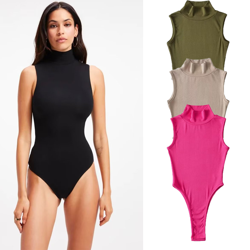 Women's Sleeveless Vest with Vertical Collar for 2023 Summer New Style European and American Sexy Tight Slim Look Jumpsuit Half-high Collar Jumpsuit