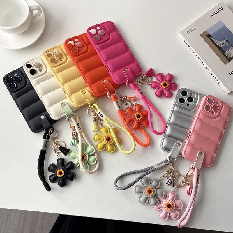 Down Jacket Tassel Sunflower + Hand-Held Lanyard Suitable for iPhone 17 Pro Max Creative 15 Simple Apple Designs