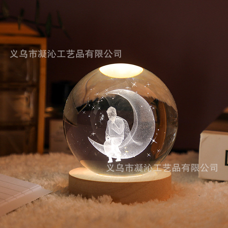 クロスボーダー発光台座3d内彫刻水晶玉銀河太陽創意デスクトップ置物ガラス水晶玉小夜灯|undefined