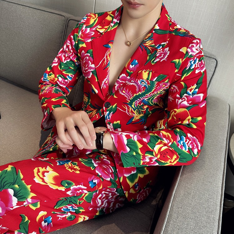 New Northeast China Floral Print Trendy Suit Jacket and Trousers Set for Men and Women, National Style Suit for Stage Performance