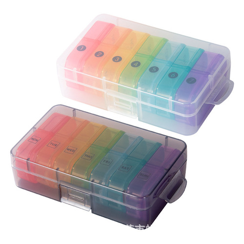 Pill organizer for 7 days 14 compartments, dustproof storage box, split into 7-day pill boxes for daily medication distribution.
