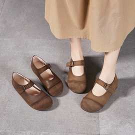 shoes铂帝思头层牛皮女鞋子圆头搭扣软底休闲女鞋百搭磨砂低帮