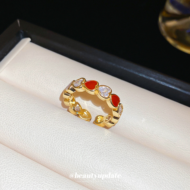 Bague ouverte en or véritable plaqué or avec zircon en forme de cœur et goutte d'huile, pour femme. Bague polyvalente et élégante pour l'index, à la fois tendance et simple._voghion.com