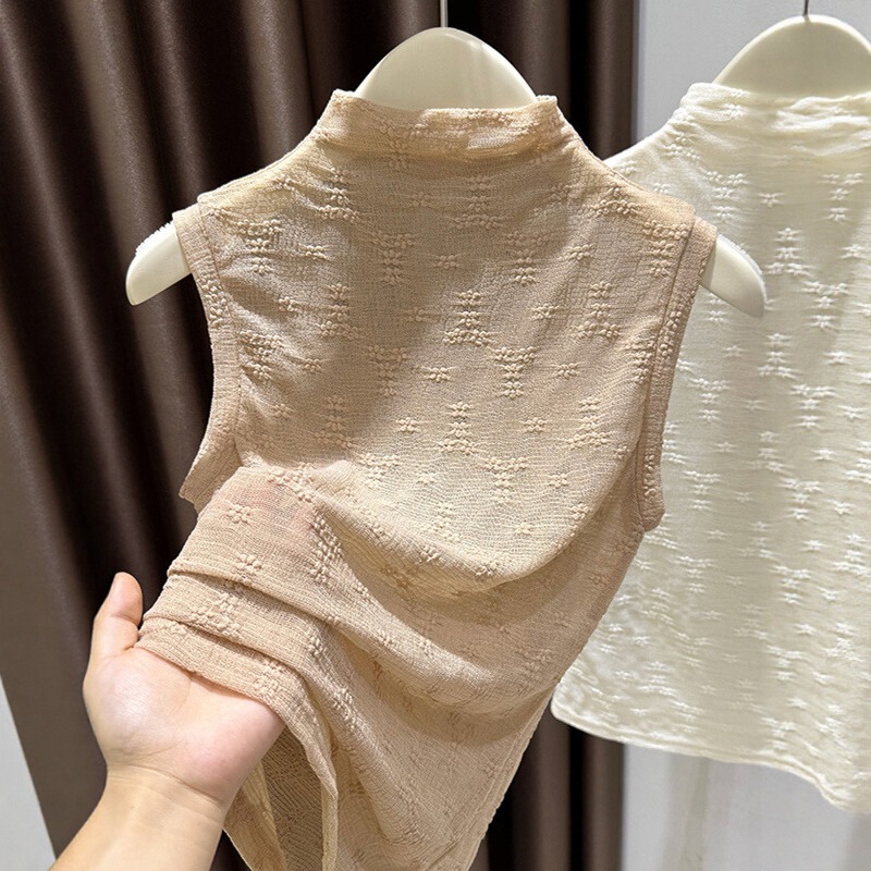Mesh sleeveless tank top with high collar and no shoulder straps, women's lace base shirt, slim fit, with ruffled edges, gives a high-end feel Mesh sleeveless tank top with high collar and no shoulder straps, women's lace base shirt, slim fit, with ruffled edges, gives a high-end feel