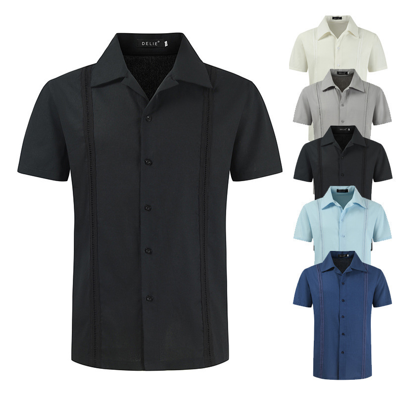 2025 새로운 국경 간 대외 무역 남성 린넨 셔츠 캐주얼 쿠바 Guayabera 셔츠 반팔 비치 셔츠
