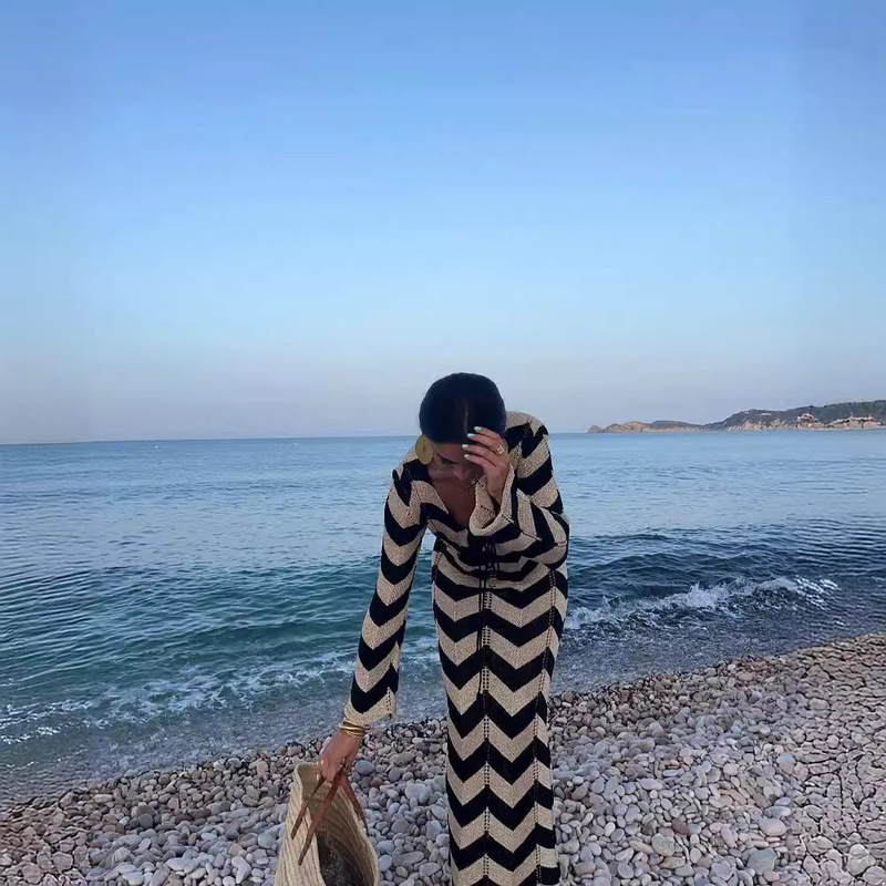 2024 Amazon Cross-border New European and American Autumn Double-sided Wear Lace-up Hollow Sexy Slim Beach dress