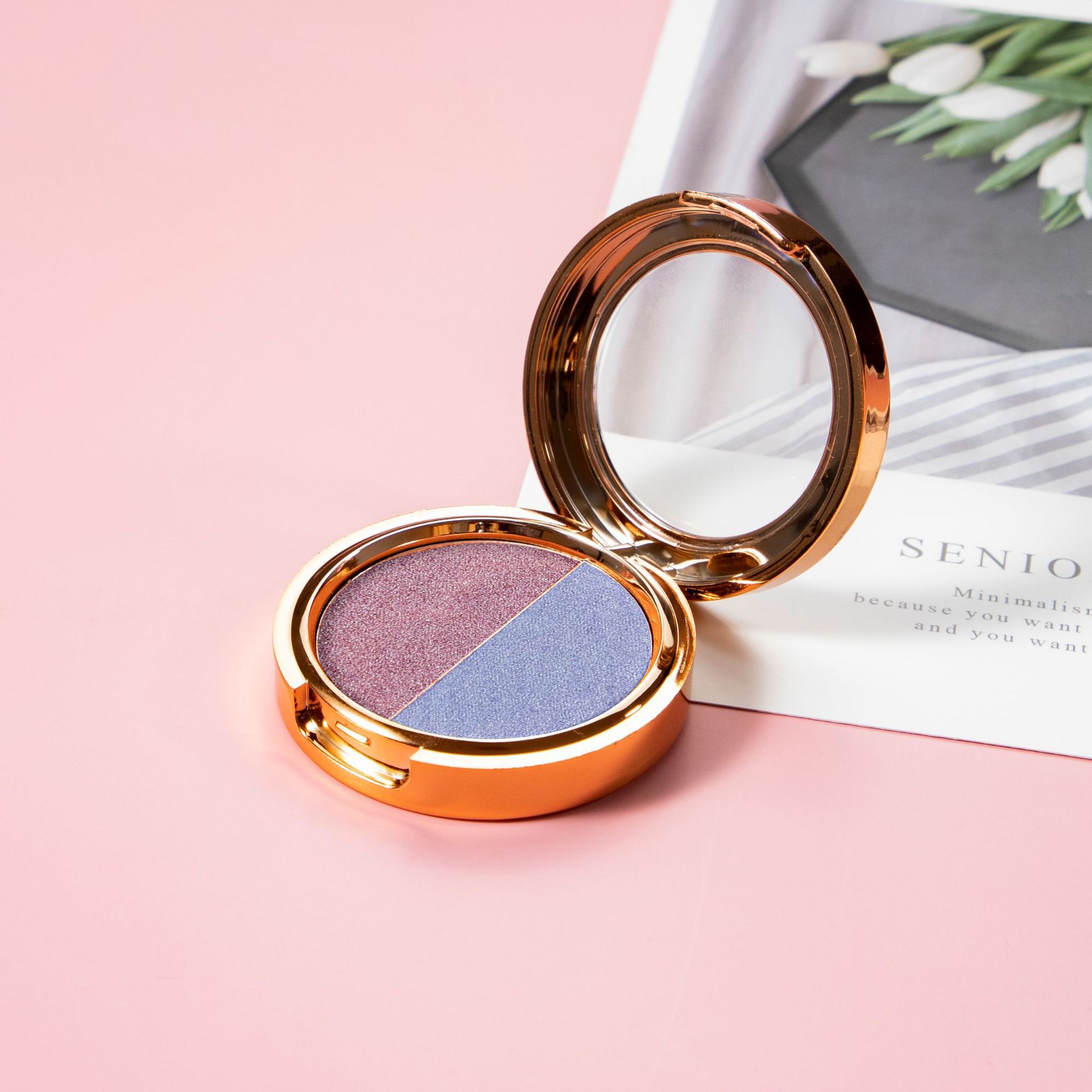 Maquillaje transfronterizo, sombra de ojos de dos colores, combinación de acabado nacarado en uno, paleta de sombras de ojos en polvo delicada y no voladora, multiusos