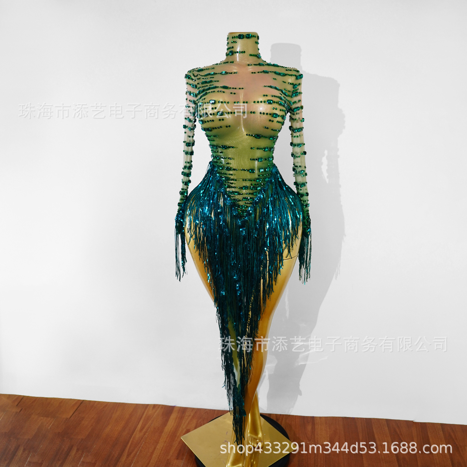 Green tassel rhinestone Latin competition dress stage performance outfit party Latin dance costume beauty pageant model party
