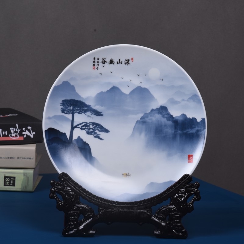 陶瓷装饰礼品纪念盘可做LOGO山水画圆盘办公室柜台陶瓷工艺品摆件