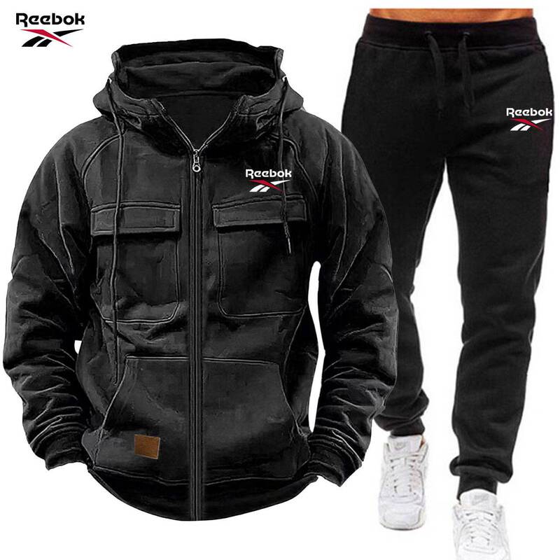Cross-border Autumn and Winter New Men's Hooded Solid Color Sweat Youth Sports Multi-pocket Leather Top with Vertical Collar Vintage suit