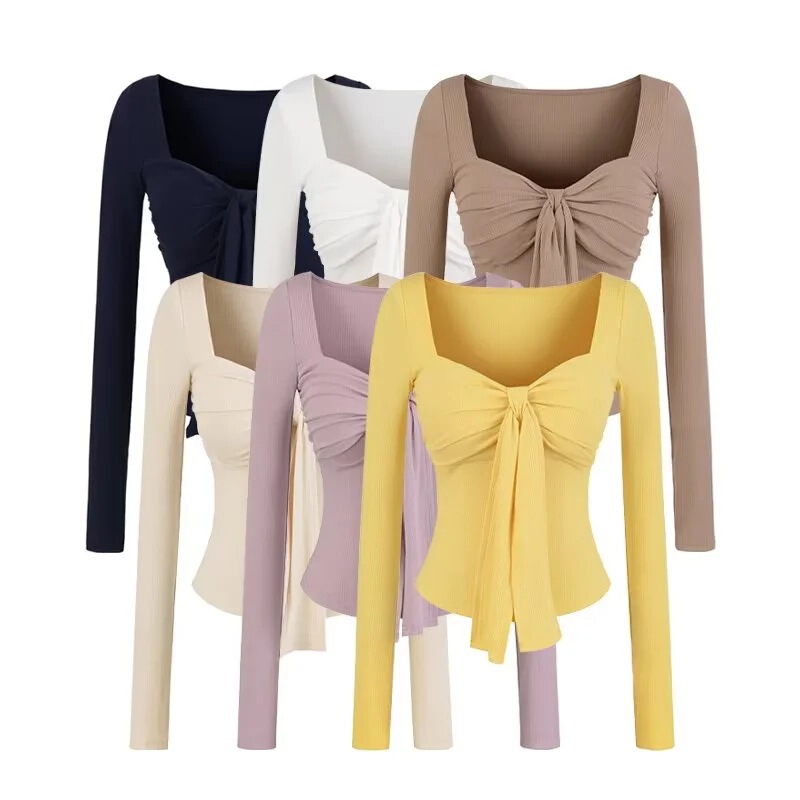 Autumn Niche Square Tie Chest Pad Bow Ribbon Long-Sleeved Bottoming Shirt T-Shirt Elegant Slim Sexy Top for Women