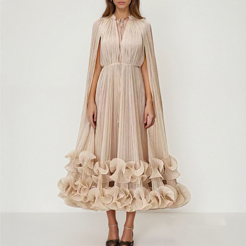 Spring and Autumn Australian Export Cape-Style Long Dress Sexy Fashion Lace-Up Ruffle Elegant Gown Women's V-Neck Dress