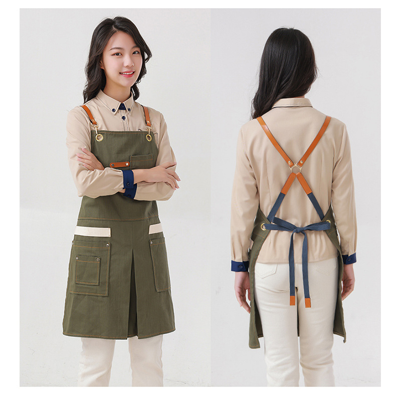 Delantal transfronterizo de algodón de sarga de Amazon, delantal de trabajo amarillo suave con abertura plegable y logotipo personalizado, venta al por mayor