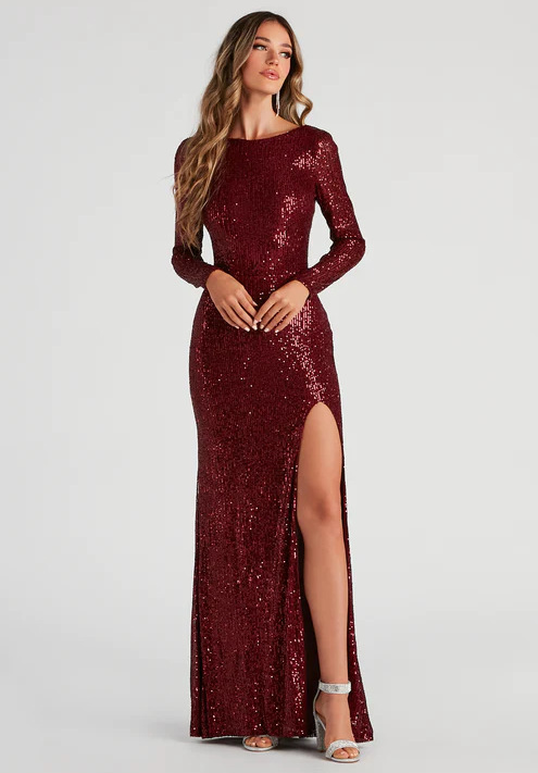 Transfronterizo europeo y americano nuevo lentejuelas hendidura sexy manga larga lentejuelas vestido de noche