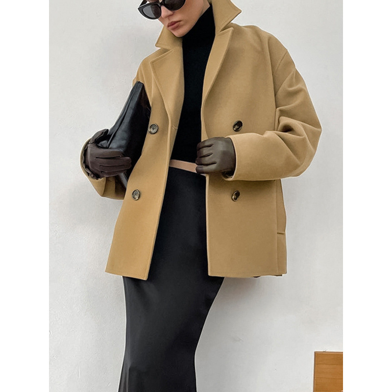 Autumn And Winter Woolen Coats, Mid-Length Loose And Thickened Brown Double-Breasted Woolen Coats, Women's Clothing_ecoleips.com