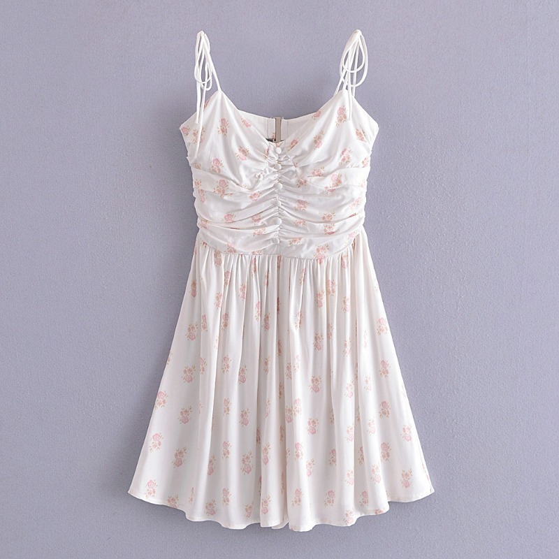 Slip V-Neck Pleated Floral Print Lace-Up A-Line Mini Dress NSXDX117975