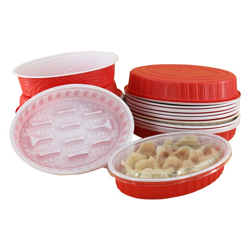 Одноразовая коробка для пельменей на вынос упаковочная коробка для пельменей микроволновое Отопление оптом Xijiade красно-белая овальная коробка для пельменей