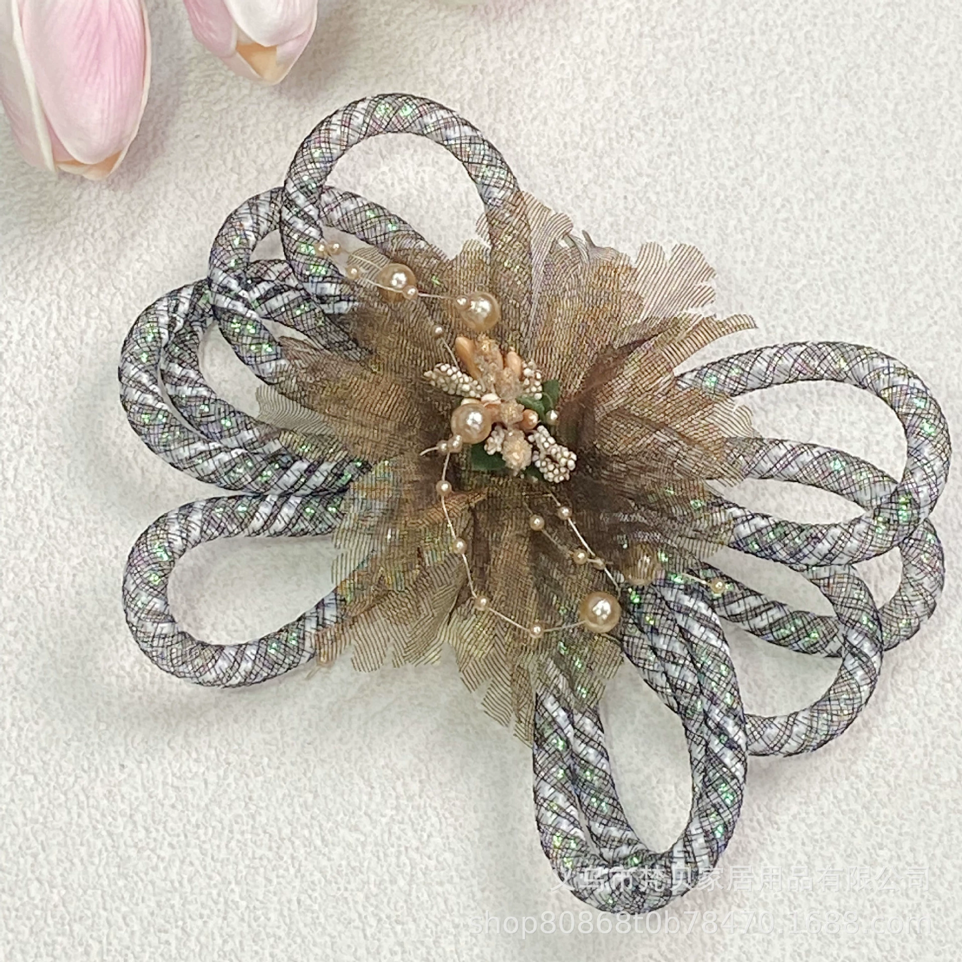 Аксессуар для волос с бантом, handmade, ткань, материал, цветы