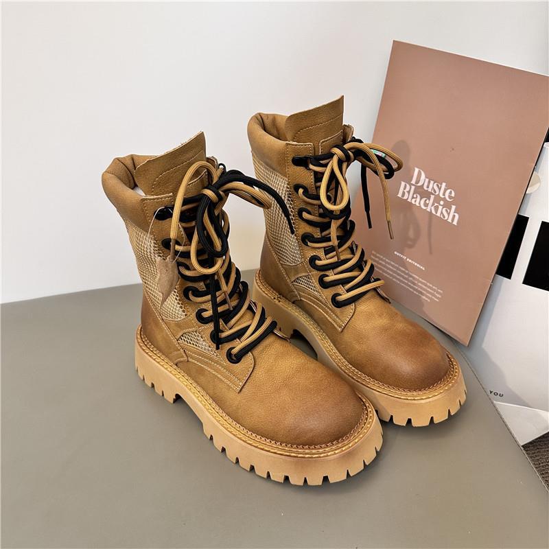 Genuine leather rhubarb boots for women 2024 autumn new mesh boots casual Martin boots for women breathable_vogarts.com