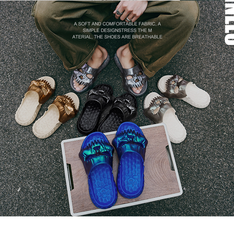 Cross Border Large Size Skull Head One Word Slippers EVA Thick Soled Sandals With A Sense Of Excrement Men S Shoes Summer Outdoor Casual Trendy_voghion.com
