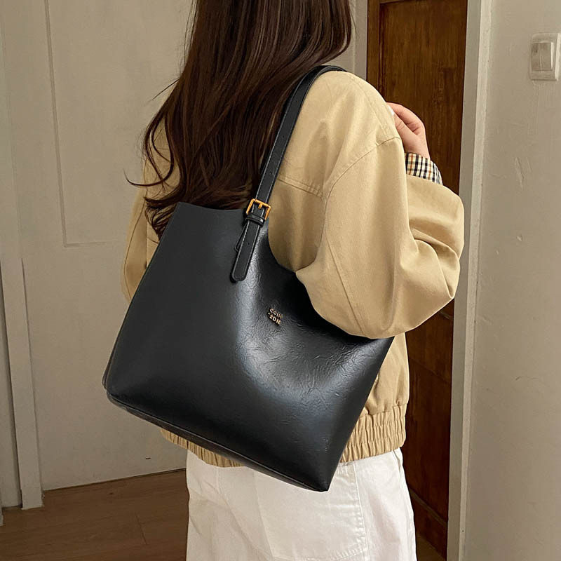 Túi tote nữ cỡ lớn phong cách retro, đựng nhiều đồ, có quai đeo vai và kẹp nách — Màu cà phê PU, PU đen, màu cà phê, đen chi tiết 25