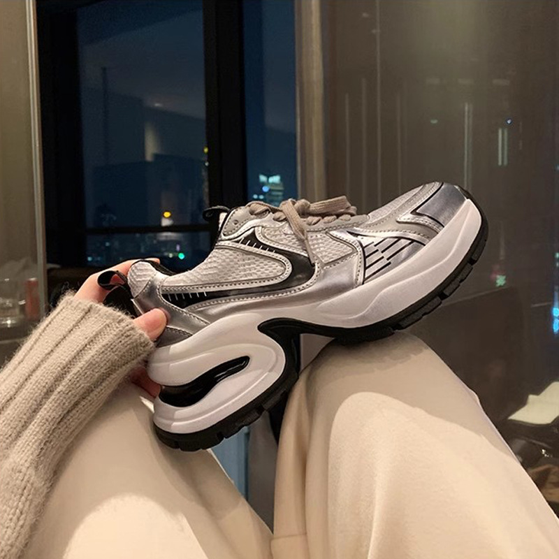 Grape Mom El mismo estilo de moda de verano con cordones, zapatos deportivos casuales, malla transpirable, suela gruesa, zapatos de papá altos, mujeres