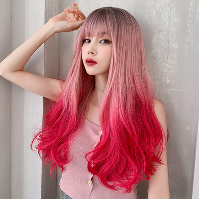 pink gradient curly long hair wig female long hair net red gradient big waves fashion pink head type is clear all net