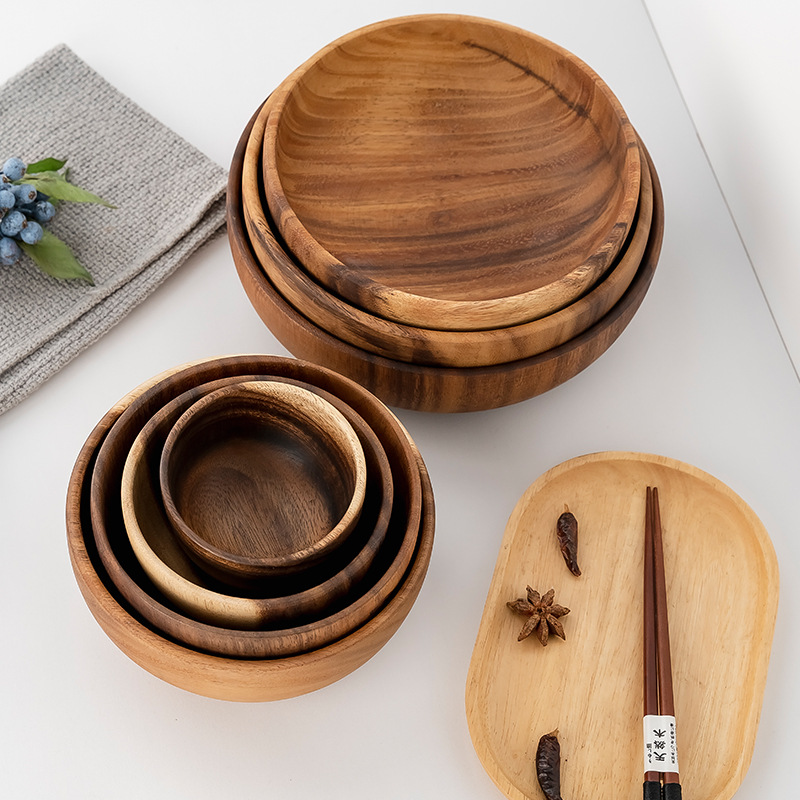 Tazón de madera de acacia de madera de estilo japonés Tazón de fideos Tazón de sopa Tazón de arroz chino restaurante cocina vajilla tamaño especificación al por mayor