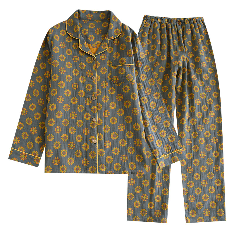 Nuevo algodón de manga larga cardigan pijamas florales de doble capa de gasa de algodón primavera y otoño solapa japonesa traje de desgaste para el hogar